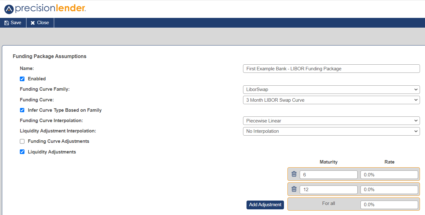 Shows the funding package setup screen