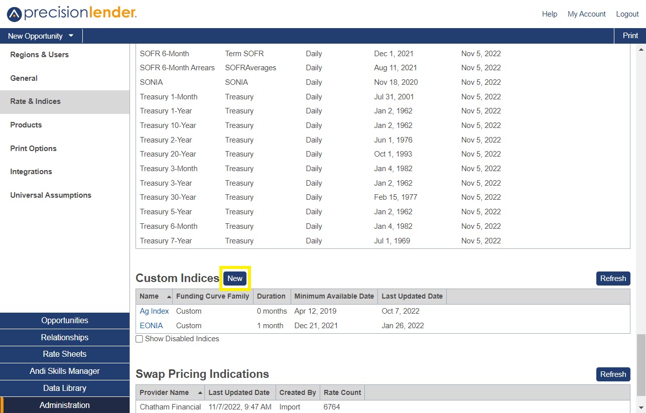 Shows the option to add a new custom indices in Rates and Indices section