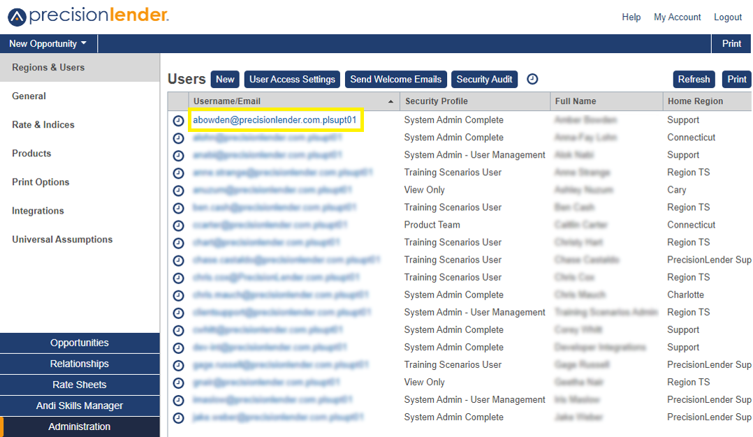 Shows the User section in Administration