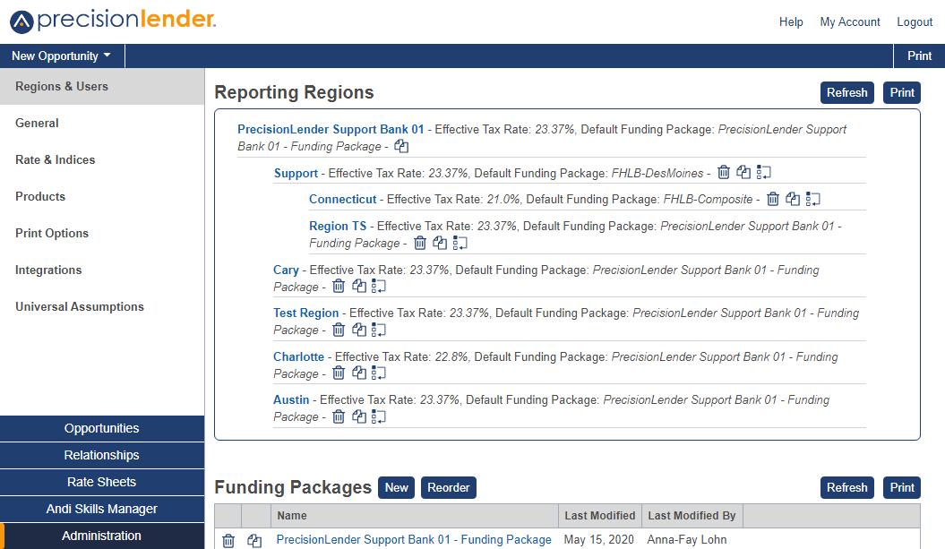 Shows the Reporting Regions section in Administration