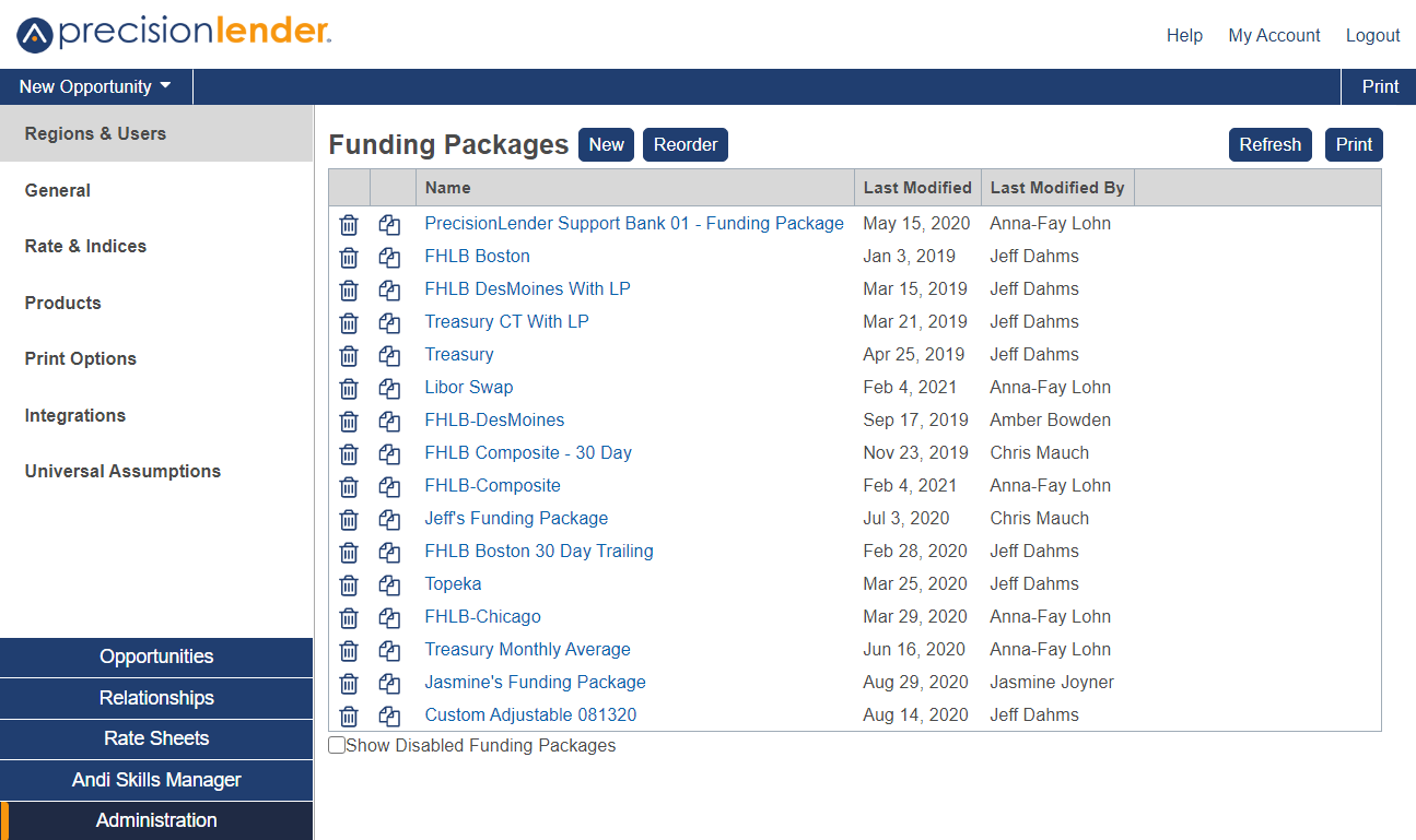Shows the Funding Packages section in Administration