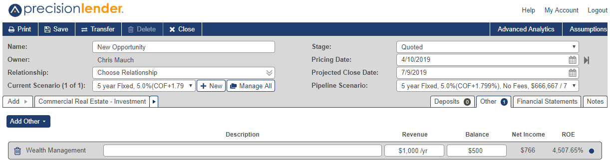Shows Wealth Management product with the following options