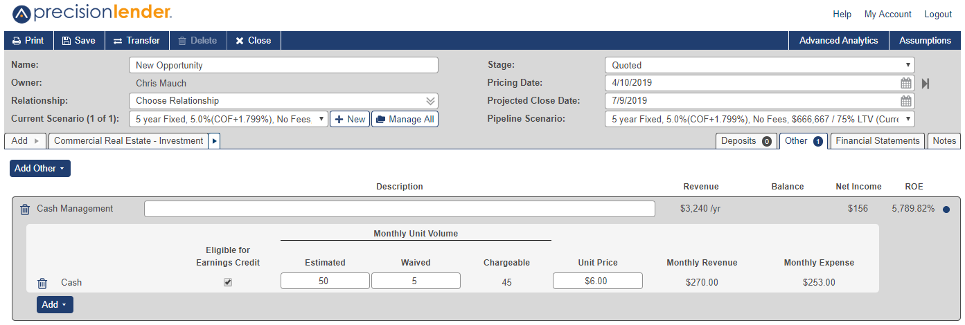 Shows Other tab in the opportunity screen. Cash Management product is selected with the following options