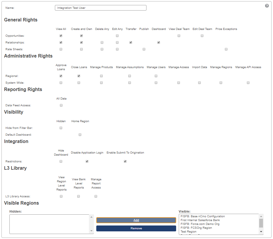 Security profile setup page with the following options: general rights, administrative rights, reporting rights, visibility, integration, l3 library and visible regions
