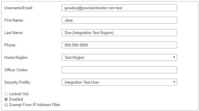 Profile creation page with fields for e-mail, first name, last name, phone, home region, officer code, and security profile. Locked out checkbox, enabled checkbox, and exempt from IP address Filter checkbox