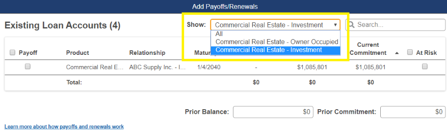 Add Payoffs/Renewals pop-up window highlighting the existing accounts drop-down menu