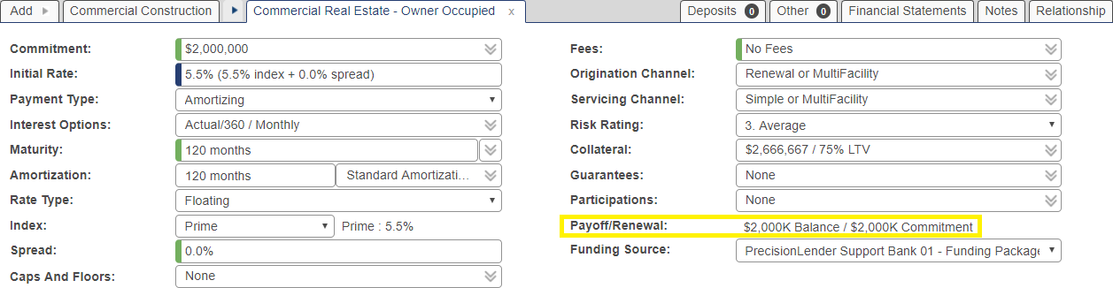 PrecisionLender conversion loan Opportunity Screen highlighting the Payoff and Renewal field