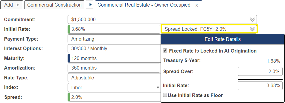 Edit Rate Details pop-up window with Fixed Rate Is Locked In At Origination checkbox checked