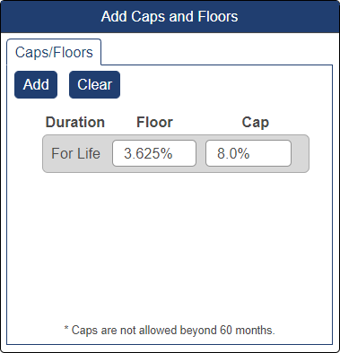 Shows caps and floors pop-up window with floor at 3.65% and cap at 8%