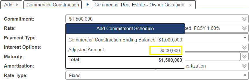 Add Commitment Schedule pop-up window with Adjusted Amount $500000 highlighted