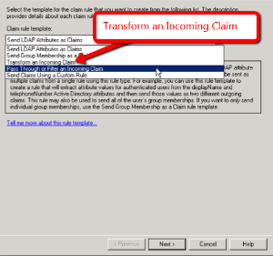 Shows drop-down menu with Transform an Incoming Claim option selected