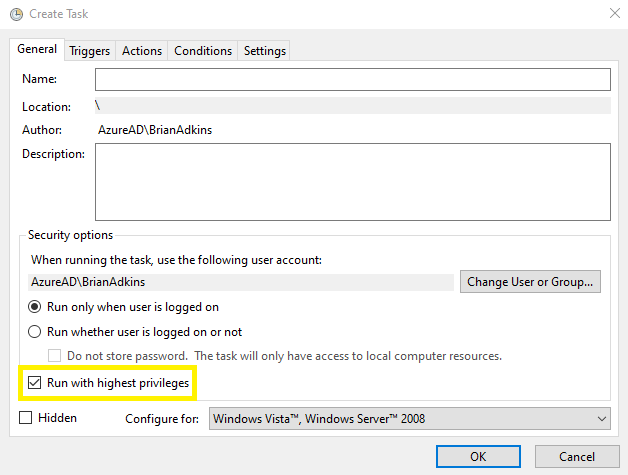 Shows Windows Task Scheduler with 'run with highest privileges' checkbox checked