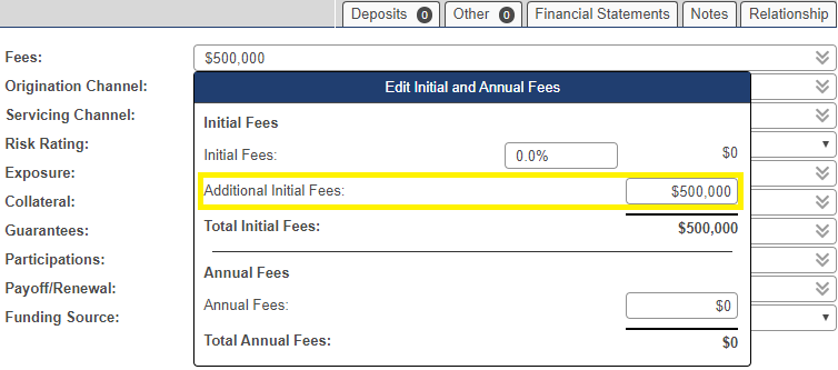 Shows the additional initial fees field set at $500,000 in the fees pop-up window