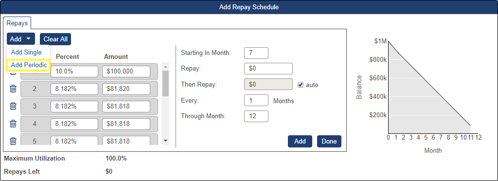 Shows Add periodic repay option in the repay Schedule pop-up window