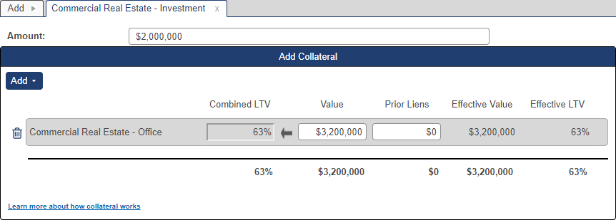 Shows a new loan of $2000000 with collateral value of $3200000 and LTV of 63%