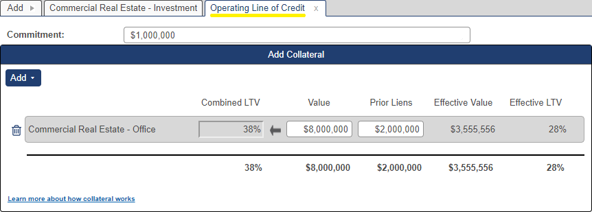 Shows Operating Line of Credit of $1000000 with collateral value of $8000000 and prior liens of $2000000