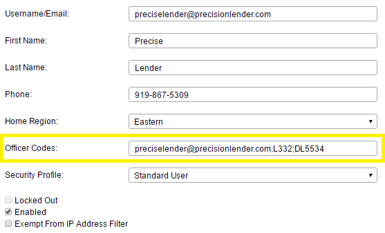 Shows the officer codes field in Editing a user page