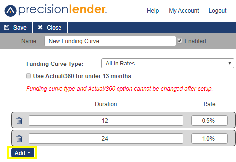 Shows the option to add a new point to the curve when creating a new funding curve