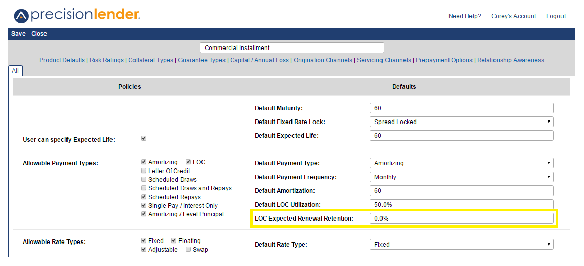 Shows the Line of Credit Expected Renewal Retention field in the Commercial Installment product configuration