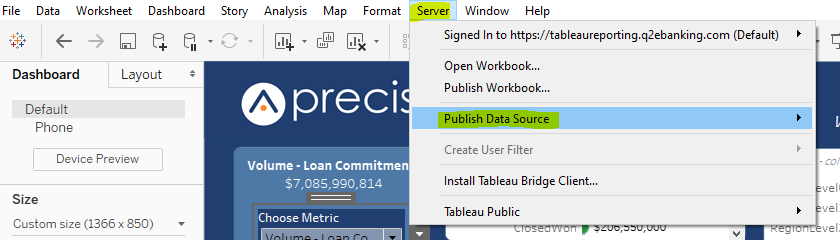 Shows where to select publish data source.