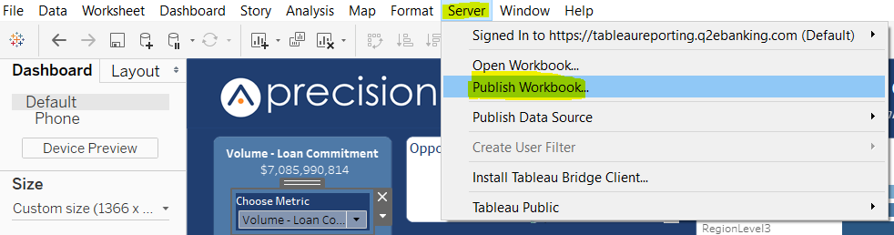 Shows where to select publish workbook.