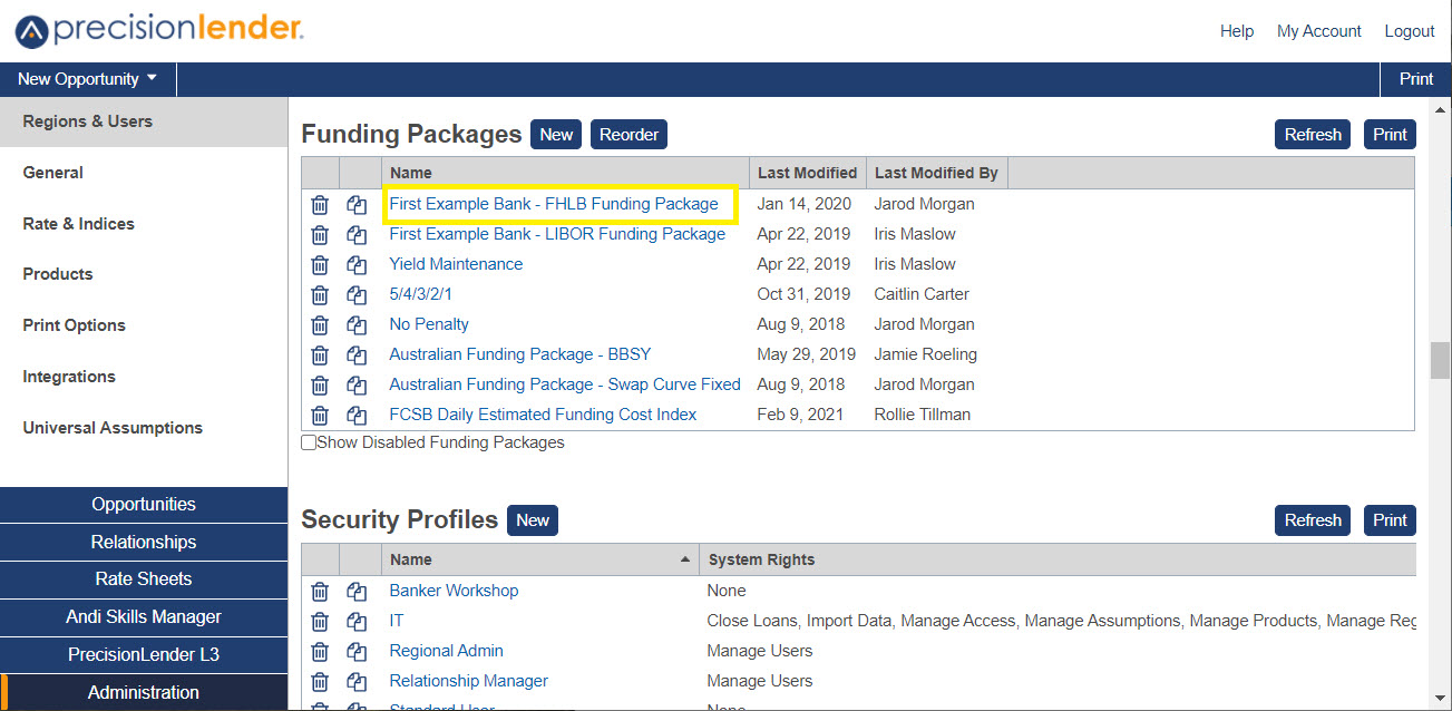 Shows a list of funding packages in Regions and Users section