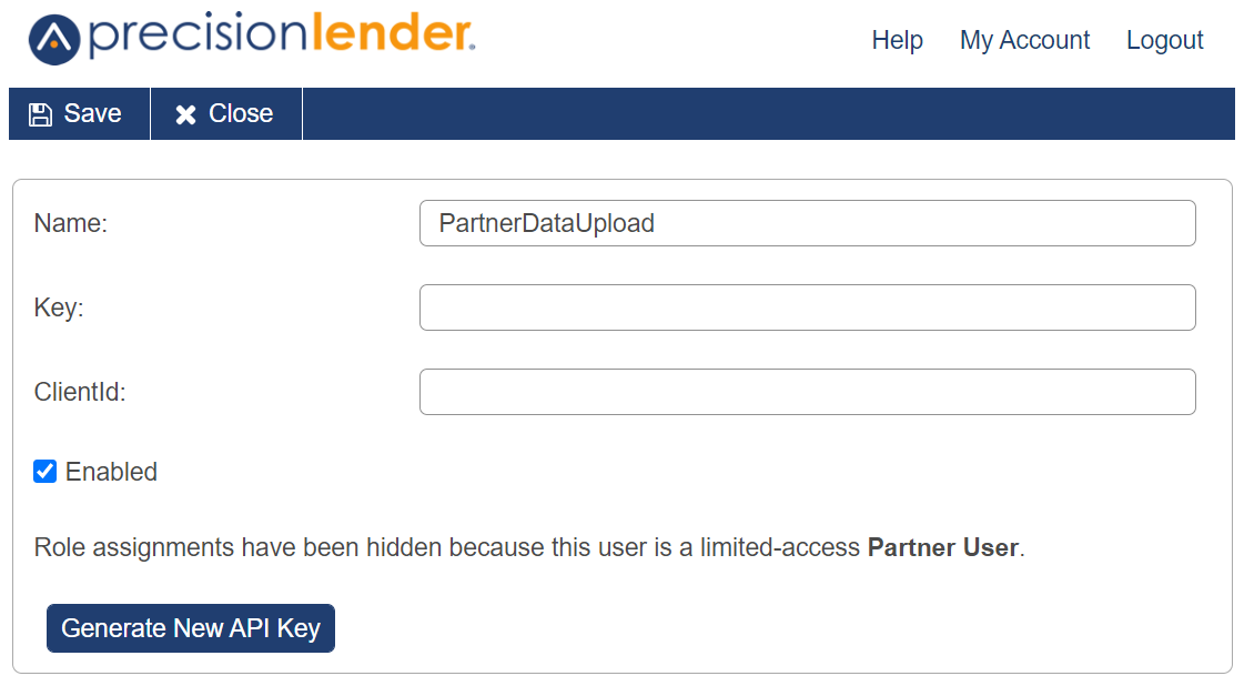 Shows Add New Partner Service User page with options for name, key, and clientID