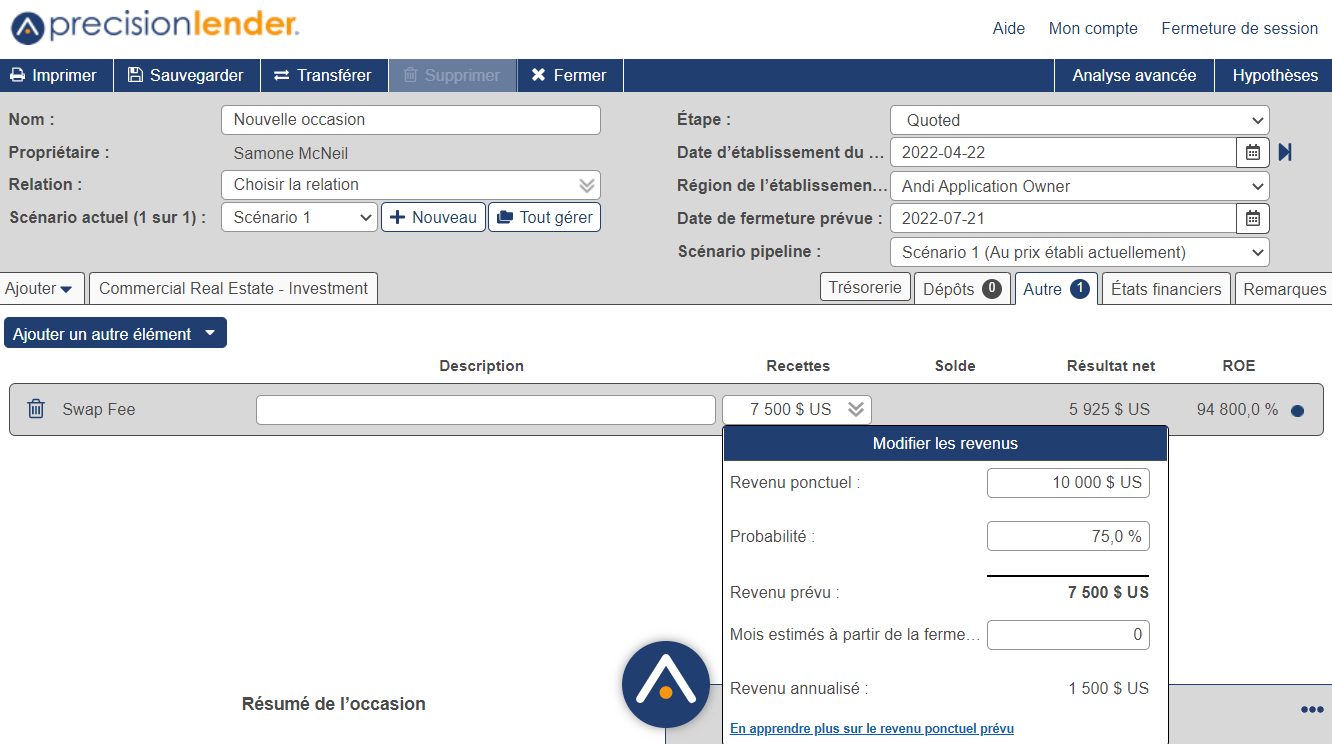 Affiche le produit de frais de swap avec les options ci-dessous.